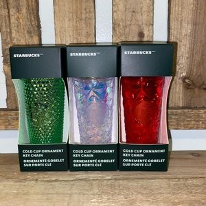 Christmas Starbucks collectible studded keychains red, green and iridescent